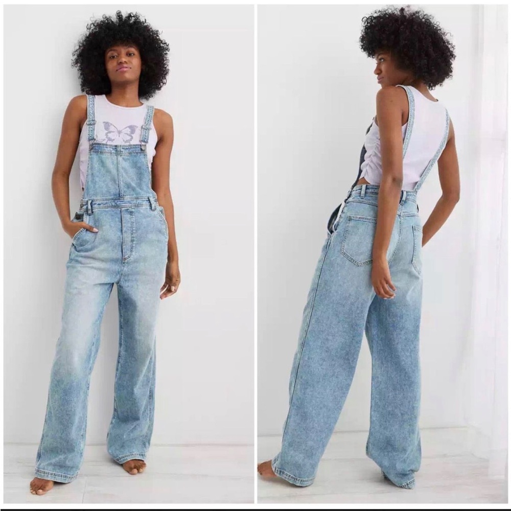 NWT Aerie Denim Wide Leg Overalls Y2K 90s Retro Casual Streetwear XL - Picture 11 of 11